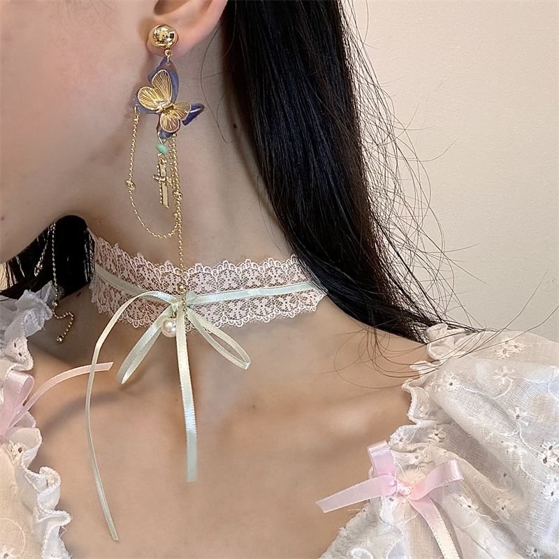 Earring / Choker Bow Cross Drop Lace Butterfly
