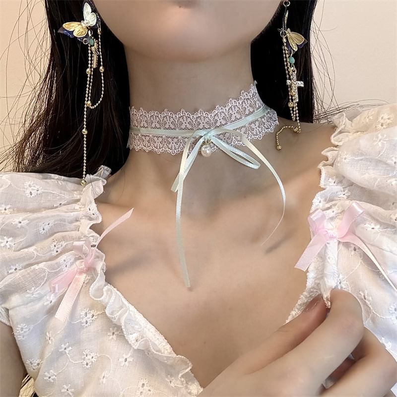 Earring / Choker Bow Cross Drop Lace Butterfly