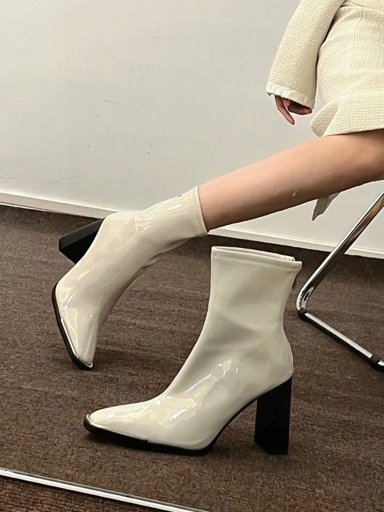 Sample Chunky Heel Plain Zip-Up Patent Leather Short Boots