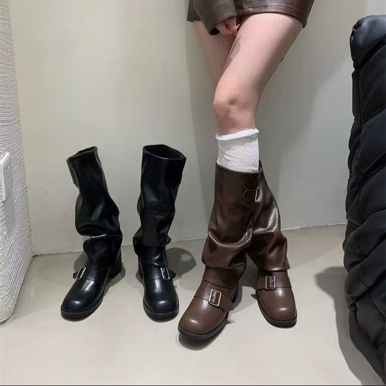 Sample Chunky Heel Plain Buckled Faux Leather Tall Boots
