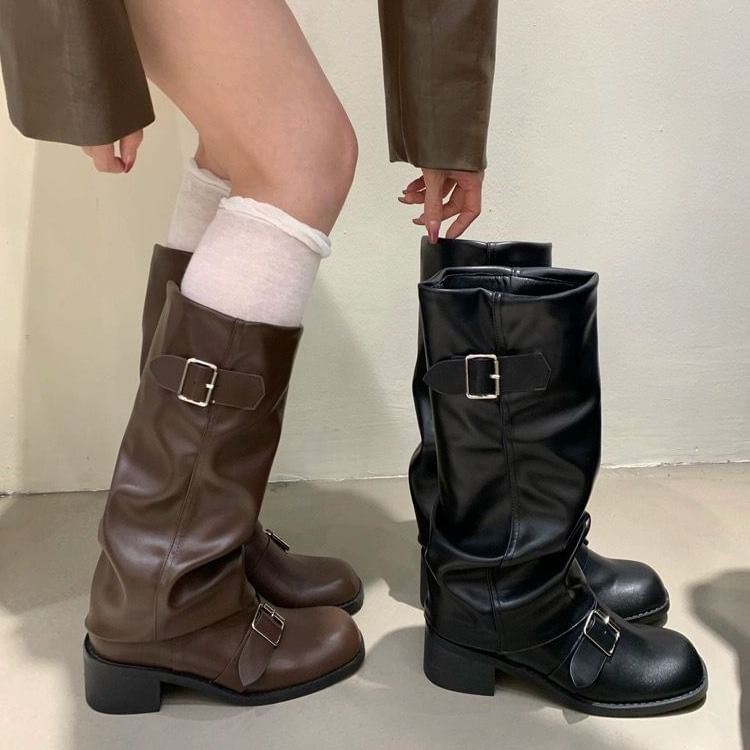 Sample Chunky Heel Plain Buckled Faux Leather Tall Boots