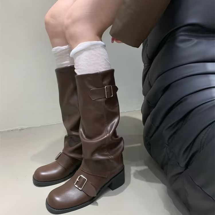 Sample Chunky Heel Plain Buckled Faux Leather Tall Boots