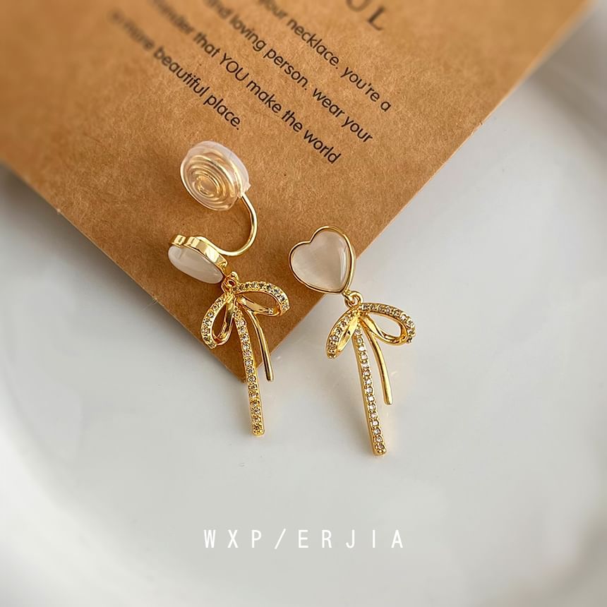 On Rhinestone Drop Earring Bow Heart Clip