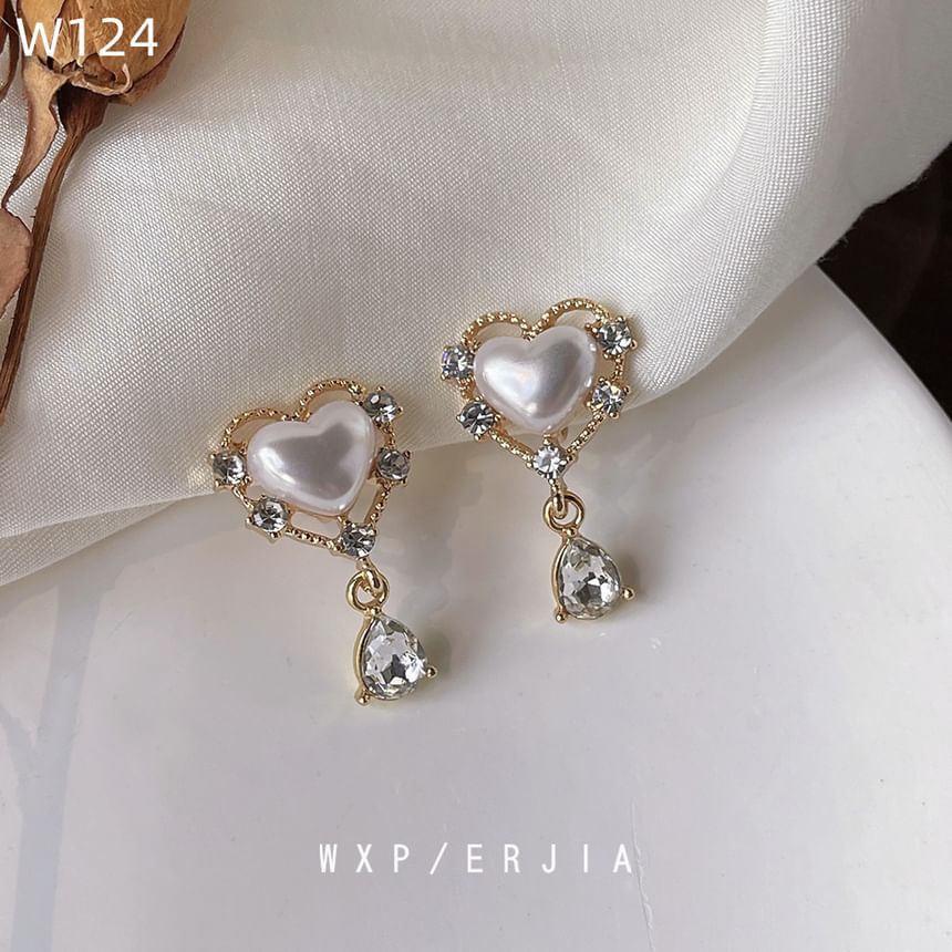Clip Rhinestone Earring Pearl Heart On Faux Drop