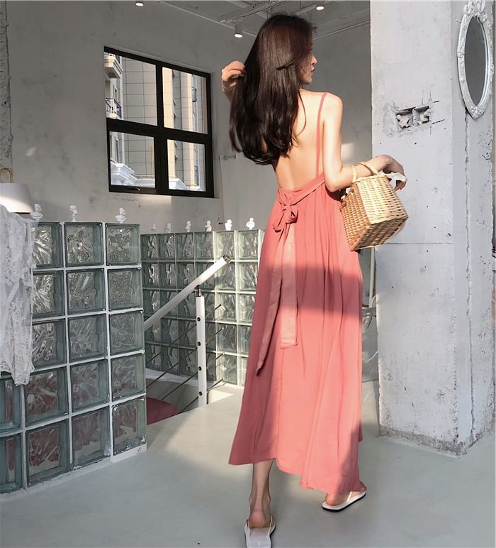 Spaghetti Sundress Plain Back Strap Open Maxi