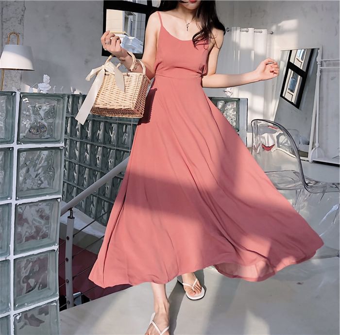 Spaghetti Sundress Plain Back Strap Open Maxi
