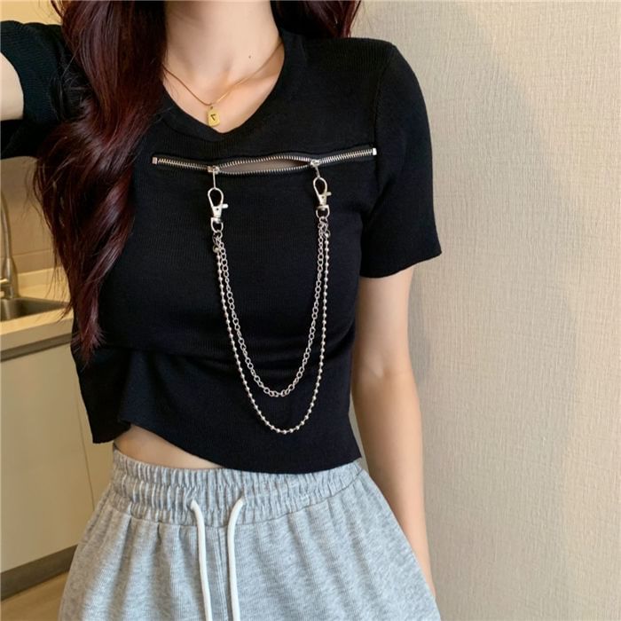 Plain T-Shirt Zip Short-Sleeve Crew Neck Chain