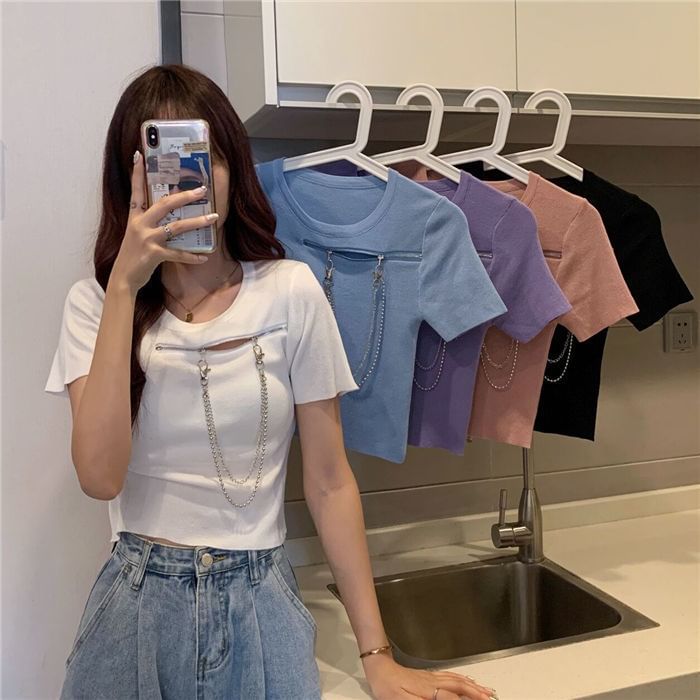 Plain T-Shirt Zip Short-Sleeve Crew Neck Chain