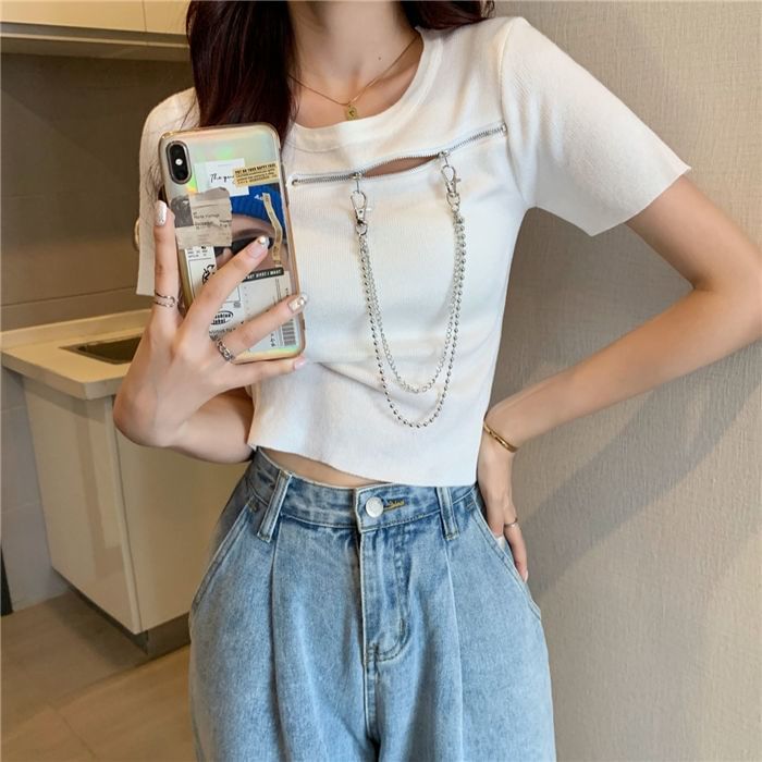 Plain T-Shirt Zip Short-Sleeve Crew Neck Chain