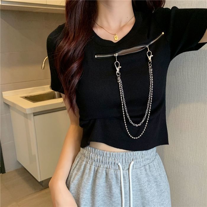 Plain T-Shirt Zip Short-Sleeve Crew Neck Chain