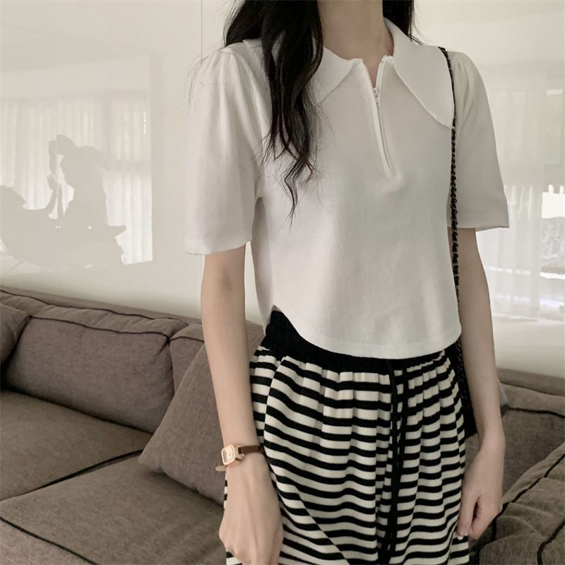 Short-Sleeve Collared Top Knit Zip Half