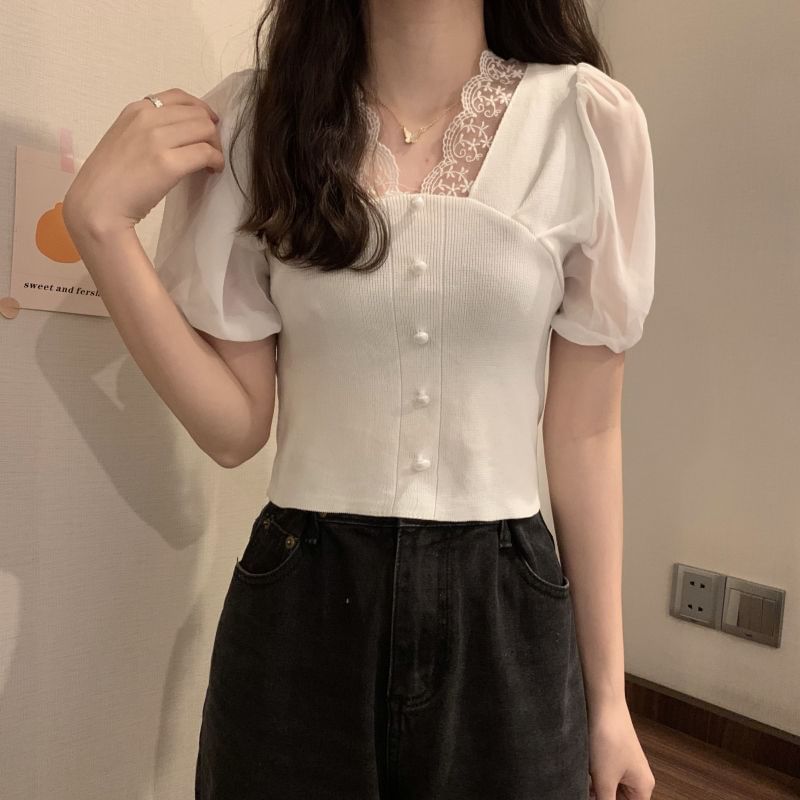 Embroidered V-Neck Top Short-Sleeve Button Panel