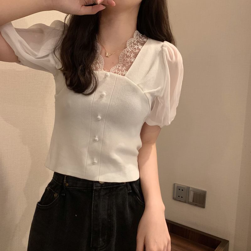 Embroidered V-Neck Top Short-Sleeve Button Panel