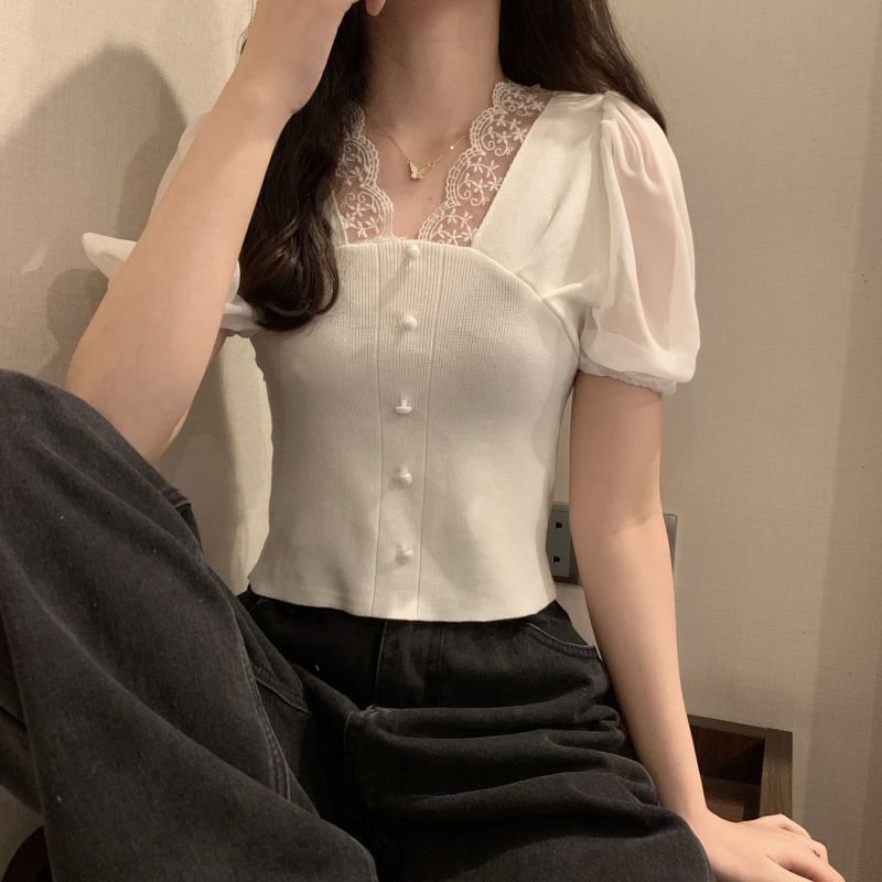 Embroidered V-Neck Top Short-Sleeve Button Panel