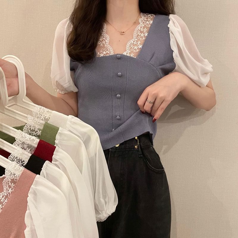 Embroidered V-Neck Top Short-Sleeve Button Panel