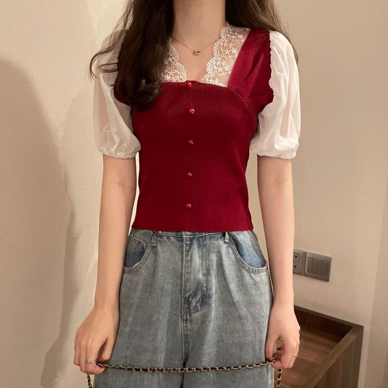Embroidered V-Neck Top Short-Sleeve Button Panel