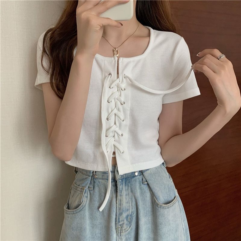 Up Lace Neck Square Plain Short-Sleeve Top