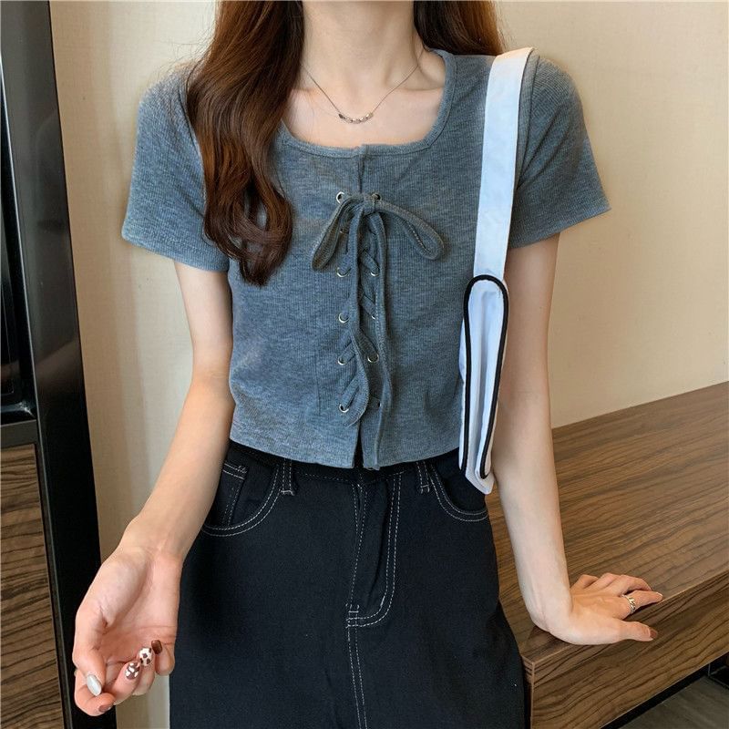 Up Lace Neck Square Plain Short-Sleeve Top