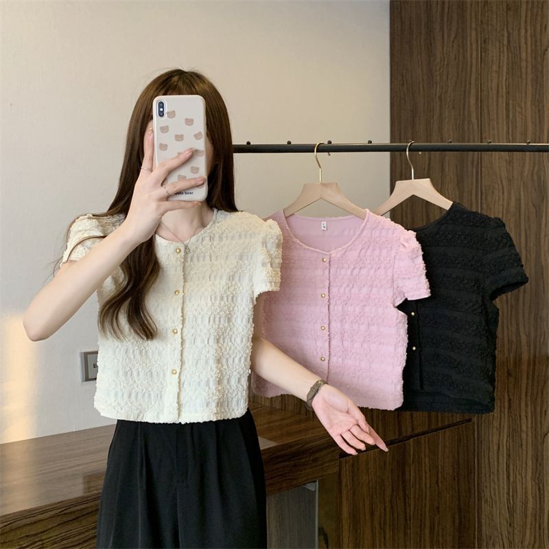 Frill Neck Button Round Plain Short-Sleeve Top