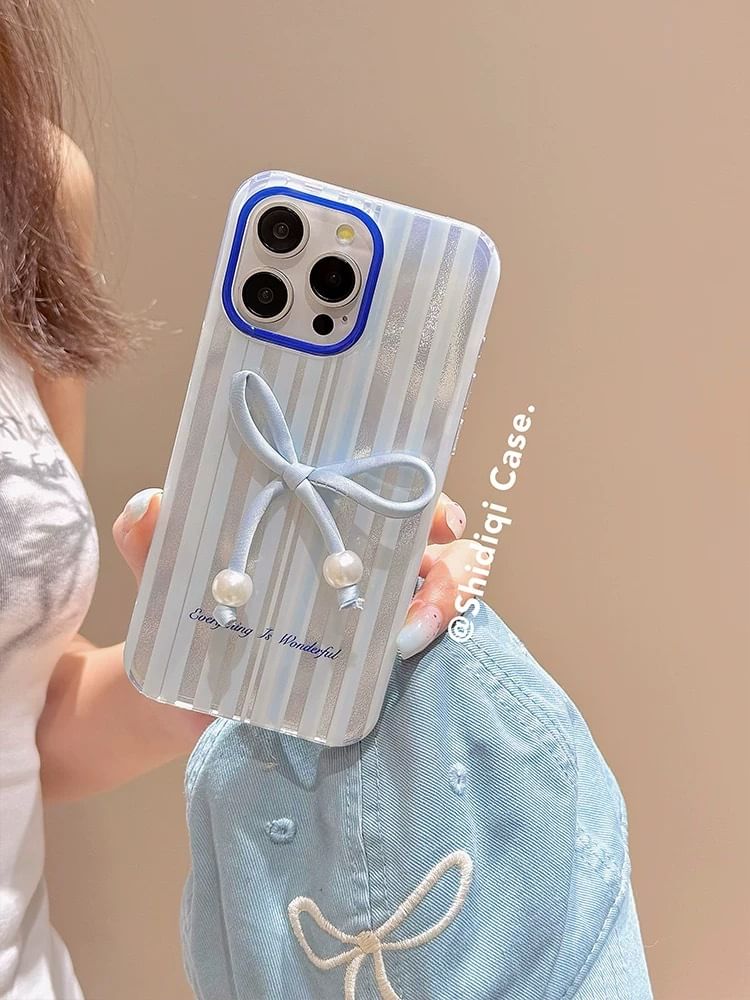 Case Decoration Pearl Striped Set / Phone Bow Faux Adhesive