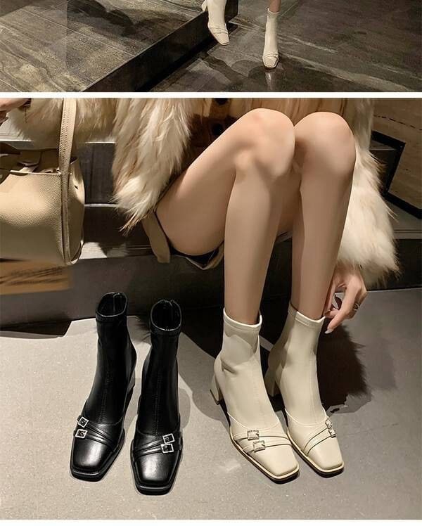 Sample Square-Toe Chunky Heel Buckled Short Boots