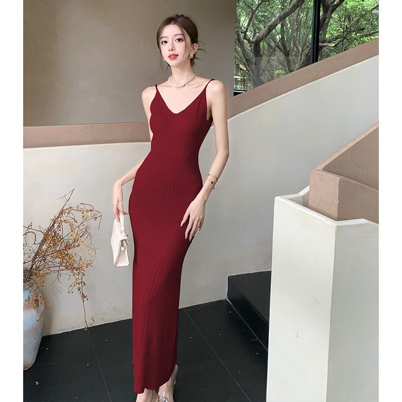 Strap Maxi Dress Spaghetti V-Neck Bodycon Plain