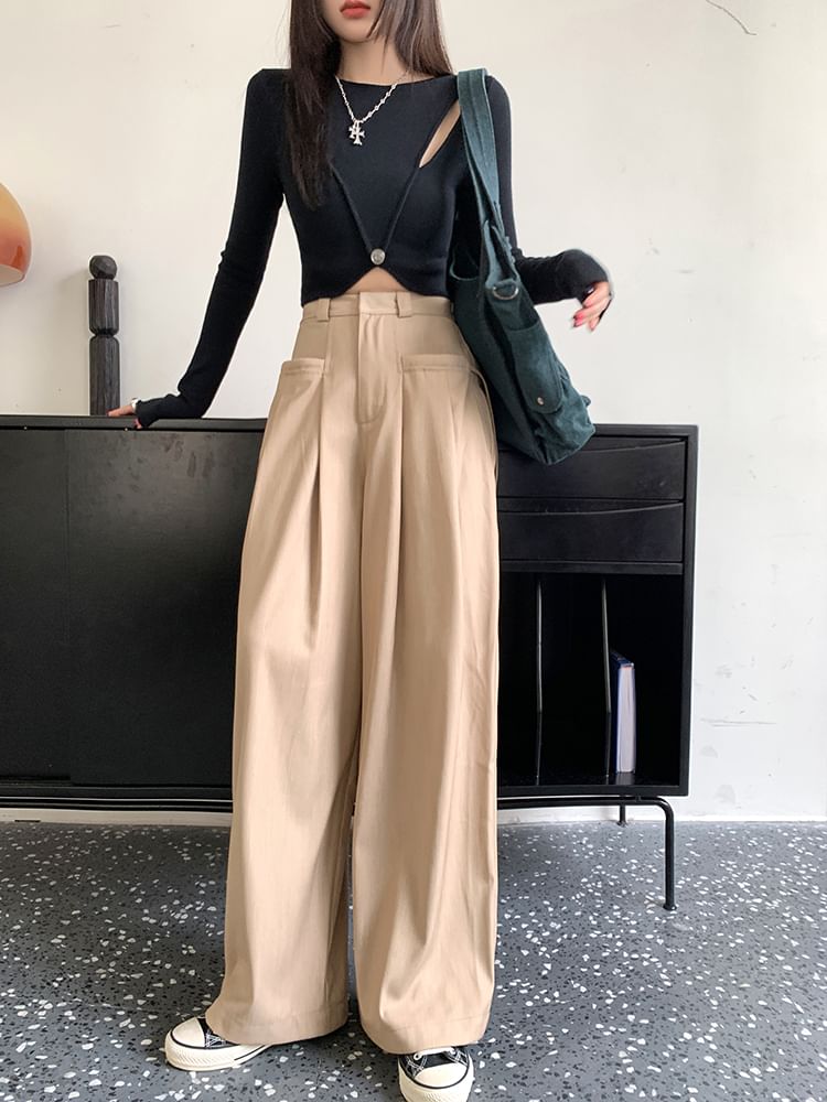 Suit Pleated Pants Wide High Leg Plain Rise