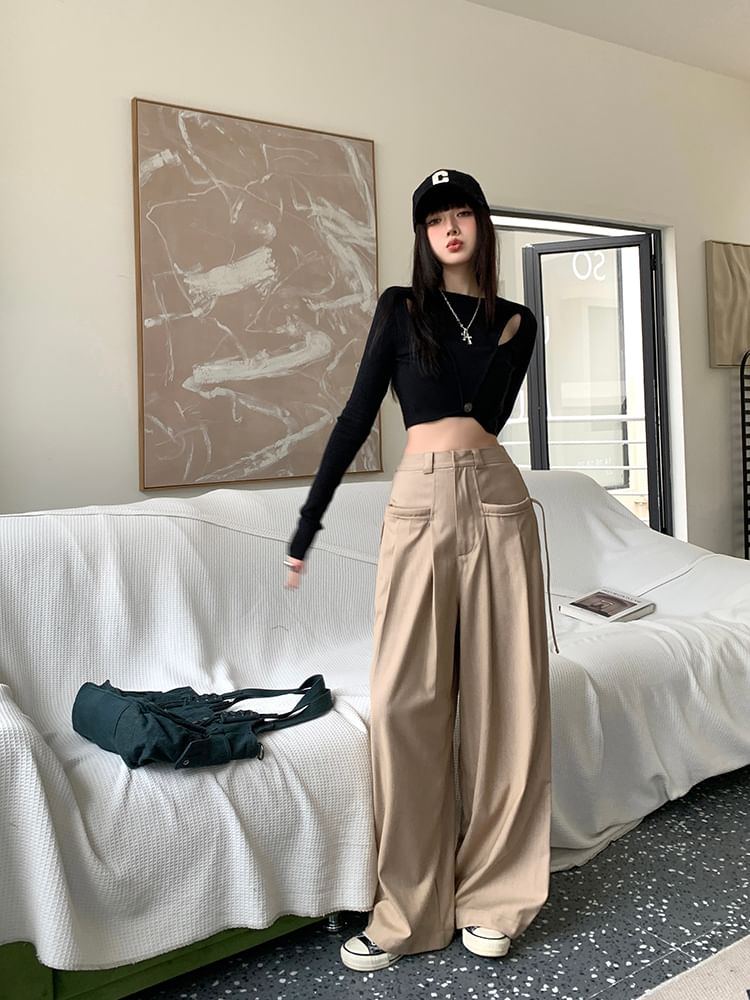 Suit Pleated Pants Wide High Leg Plain Rise