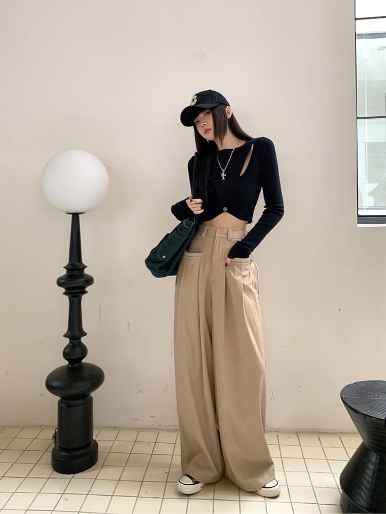 Suit Pleated Pants Wide High Leg Plain Rise