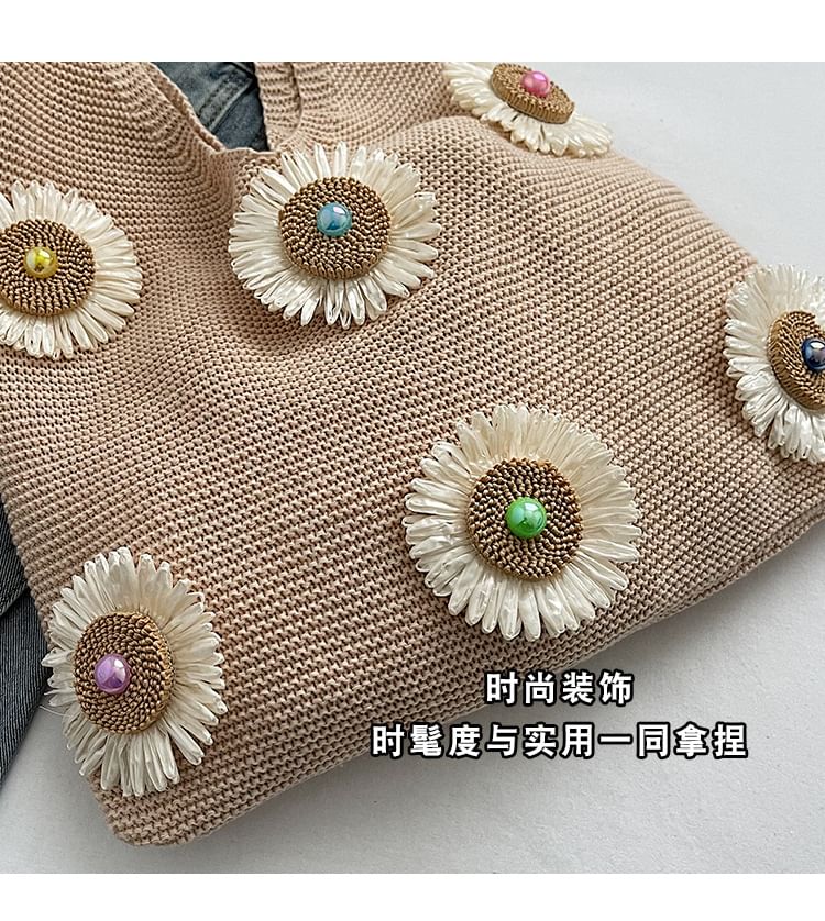 Flower Accent Knit Shopper Bag