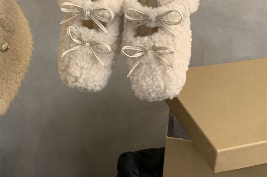 Sample Square Toe Bow Fleece Hidden Wedge Mary Jane Shoes