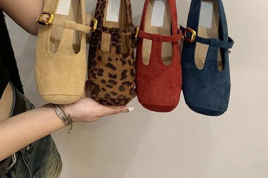 Sample Square Toe T-Strap Faux Suede Flats