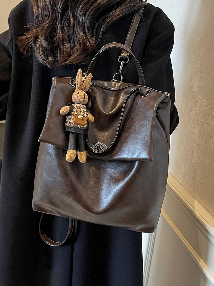 Leather Backpack With Flap Charm Faux