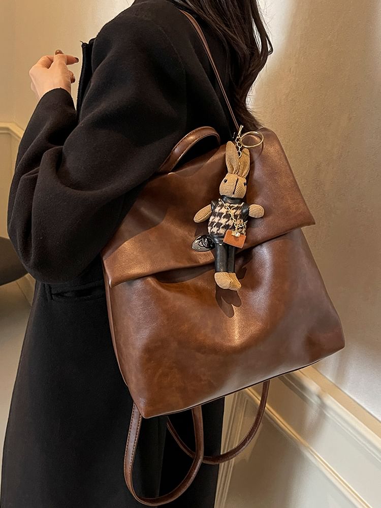 Leather Backpack With Flap Charm Faux