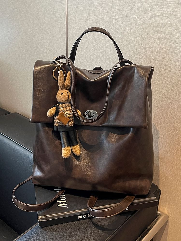 Leather Backpack With Flap Charm Faux