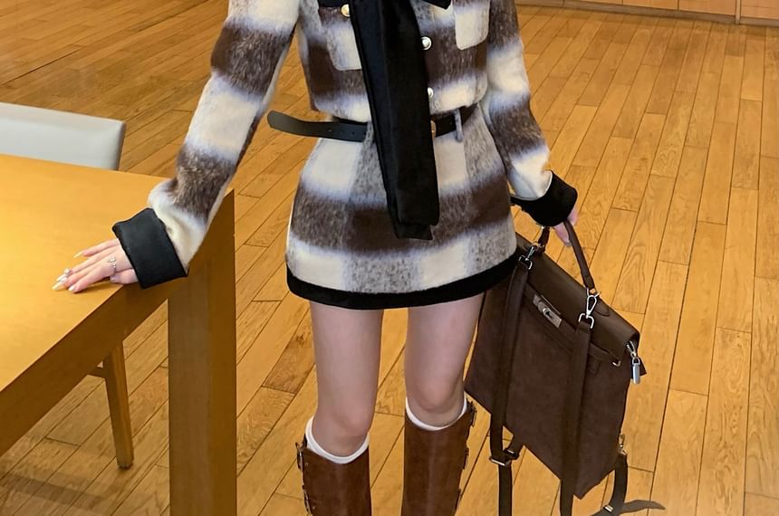 Bow Contrast Jacket Crew Trim / Crop Accent Button-Up Plaid Neck