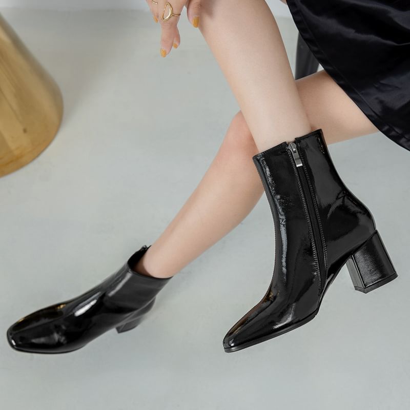 Leather Chunky Heel Plain Short Patent Zip-Up Boots