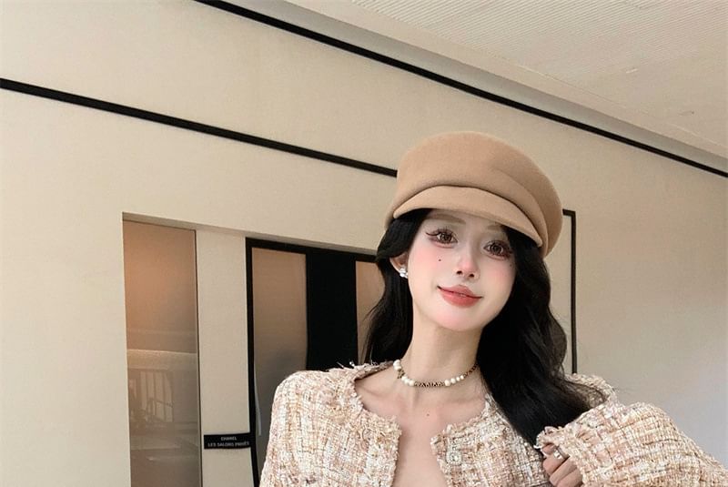 Tweed Cropped Round Button Neck Jacket