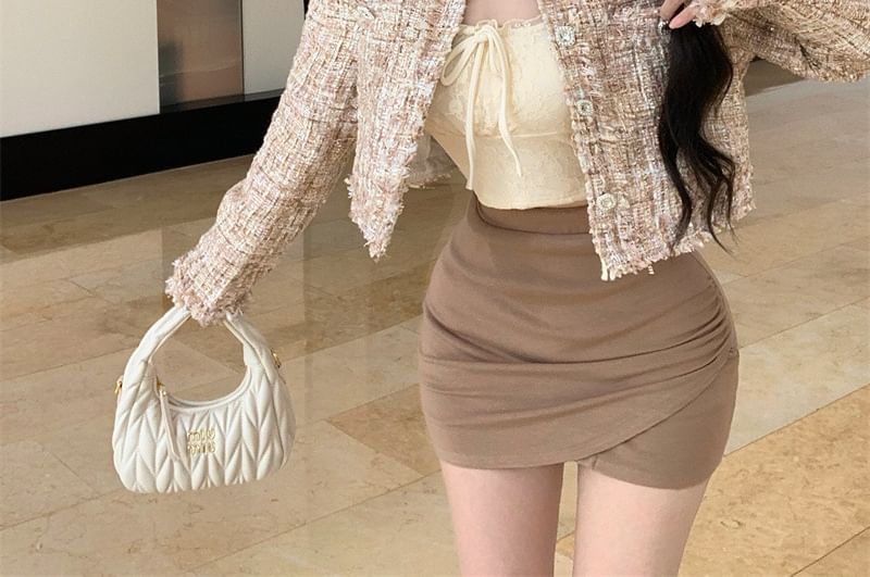 Tweed Cropped Round Button Neck Jacket