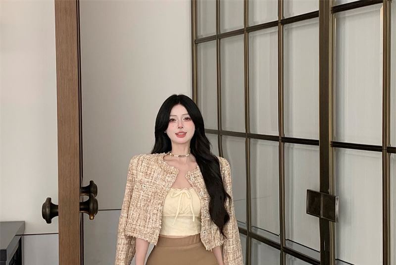 Tweed Cropped Round Button Neck Jacket