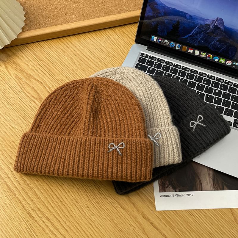 Knit Metal Bow Beanie