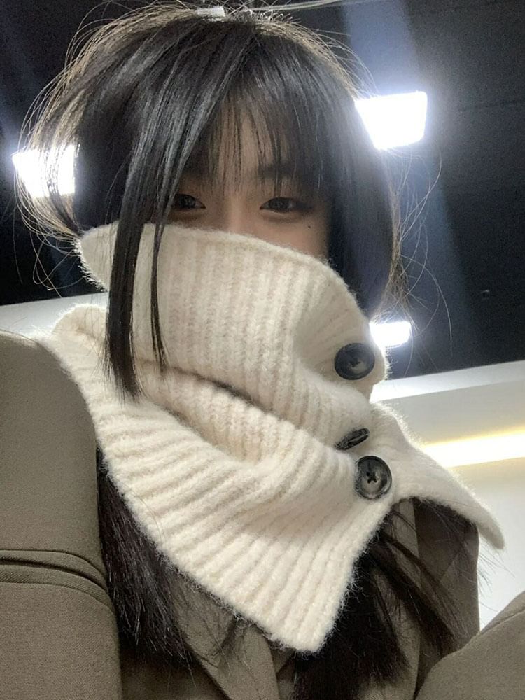 Plain Knit Snood Scarf Ribbed Button / Plaid