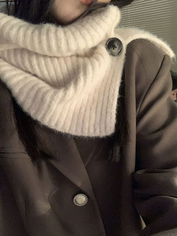 Plain Knit Snood Scarf Ribbed Button / Plaid