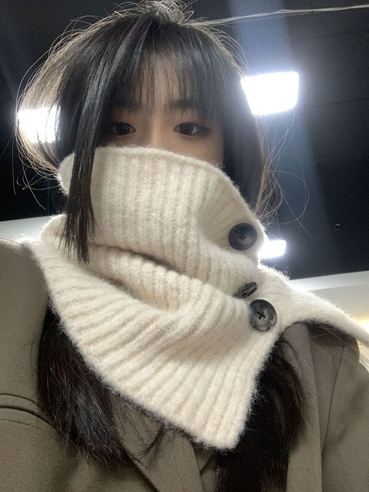 Plain Knit Snood Scarf Ribbed Button / Plaid