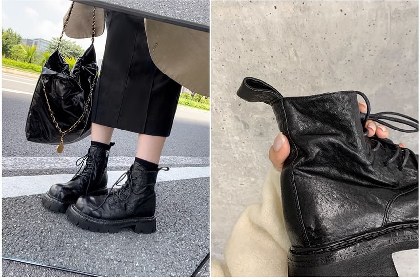 Lace-Up Genuine Platform Plain Short Boots Leather