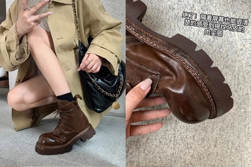 Lace-Up Genuine Platform Plain Short Boots Leather