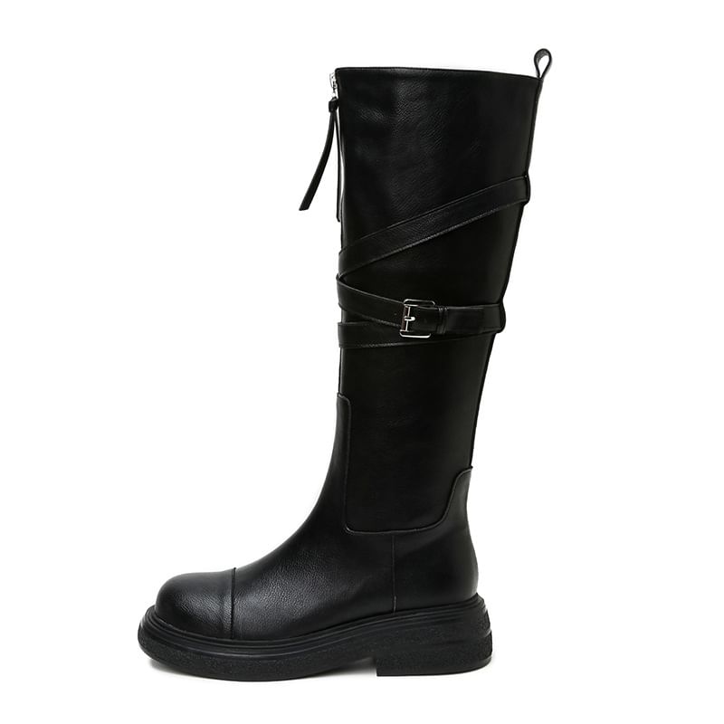 Boots Platform Tall Plain Faux Zip-Up Leather Buckled