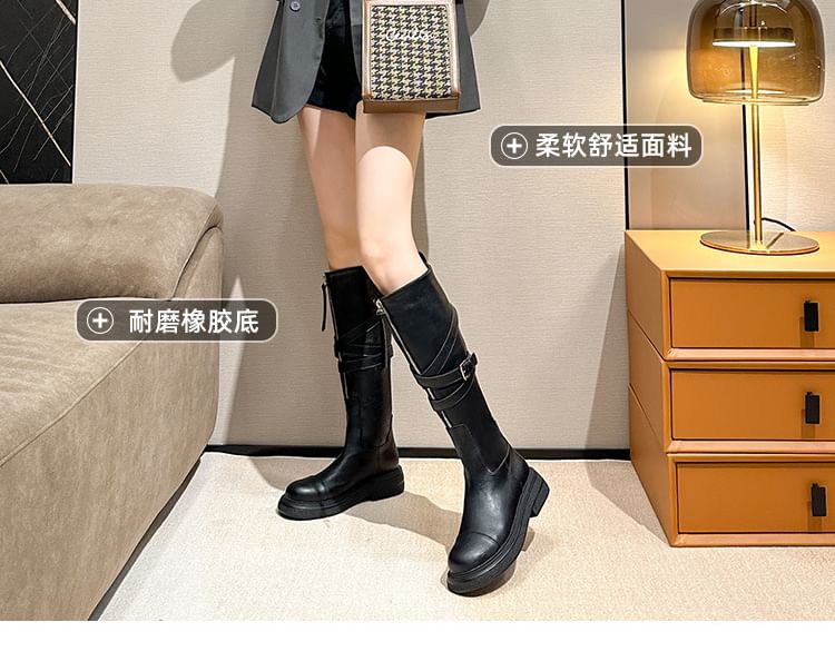 Boots Platform Tall Plain Faux Zip-Up Leather Buckled