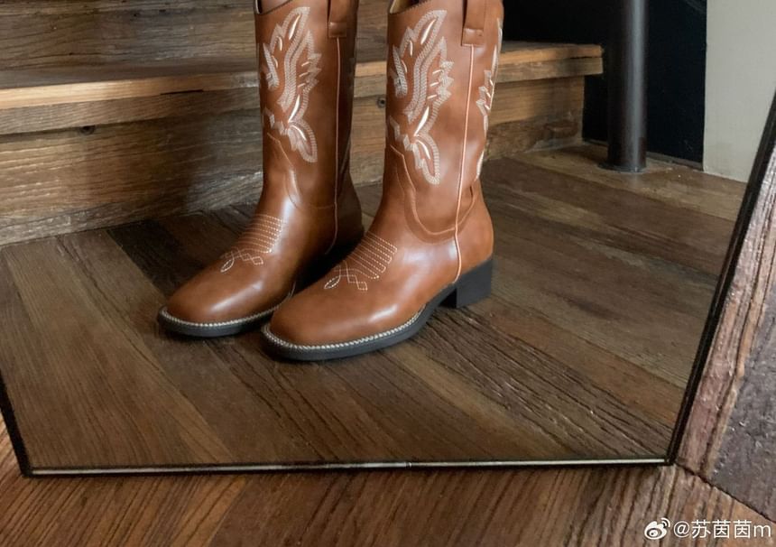 Heel Boots Faux Embroidered Chunky Leather Mid-Calf Cowboy