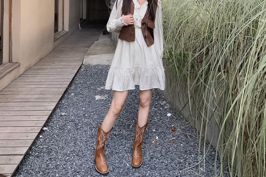 Heel Boots Faux Embroidered Chunky Leather Mid-Calf Cowboy